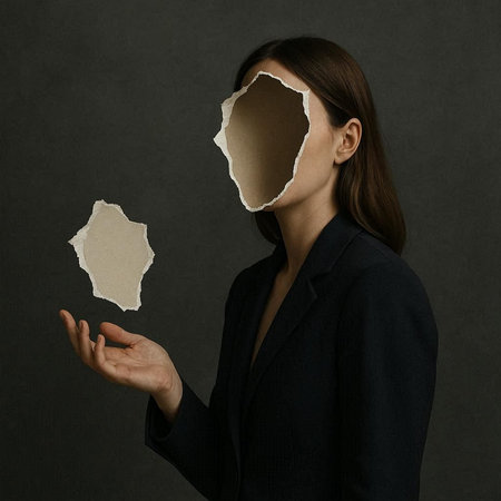 Young businesswoman hiding her face behind torn paper, looking at camera