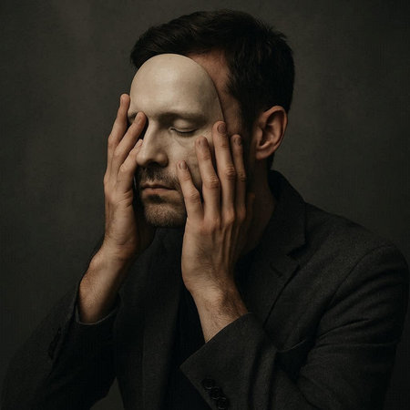 Portrait of a handsome man in a black suit covering his face with his hands