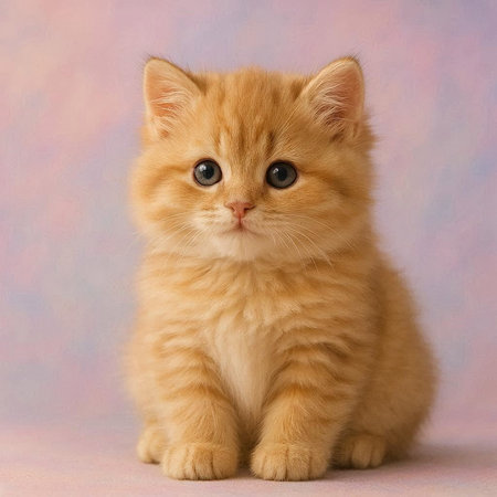 Cute ginger kitten sitting on pink background, looking at camera.