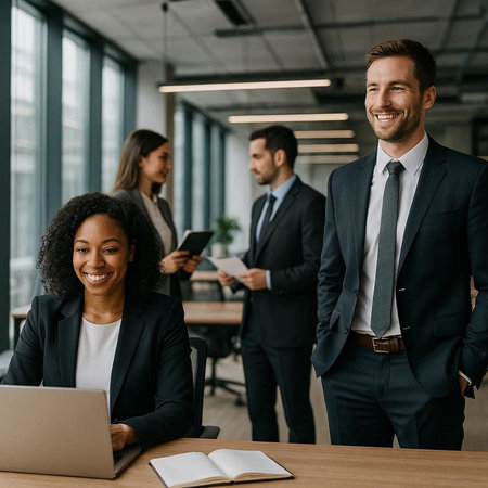 smiling african american businesswoman looking at camera near colleague in office
