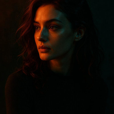 Portrait of a beautiful young woman with long curly hair in a dark room