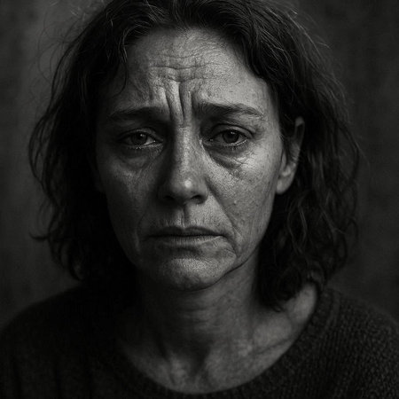 Portrait of a sad elderly woman. Black and white photo.
