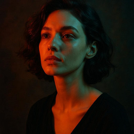 Portrait of a beautiful brunette woman in a dark room.