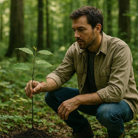 Handsome man planting a tree in the forest. Ecology concept.