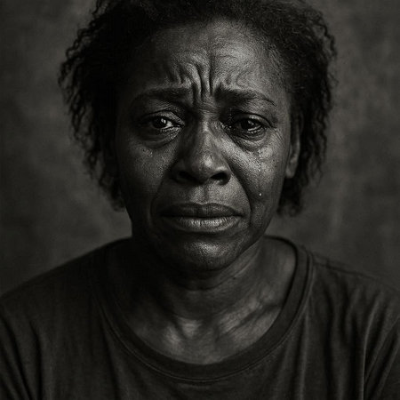 Portrait of an elderly black African woman with a sad face.の写真素材
