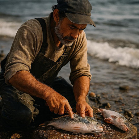 Fisherman with freshly caught fish on the seashore.