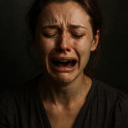 Portrait of a crying woman on a dark background. Studio shot.