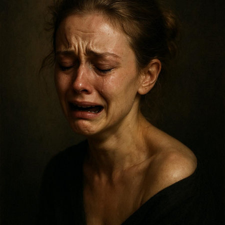 Portrait of a crying woman on a dark background. Studio shot.