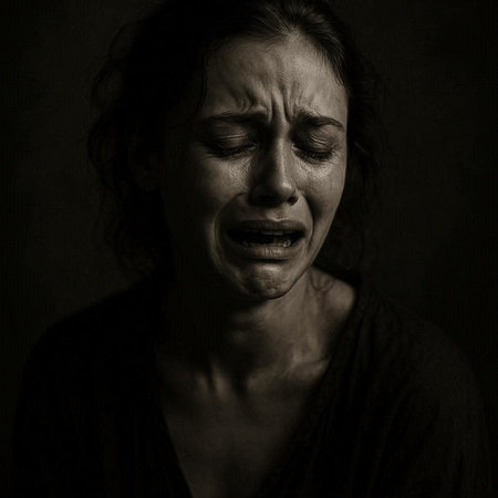 Portrait of a woman crying against a dark background. Toned.