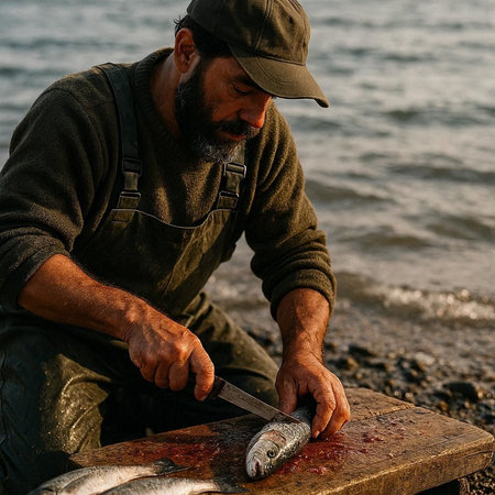 Fisherman cutting a fish with a knife on the seashoreの写真素材