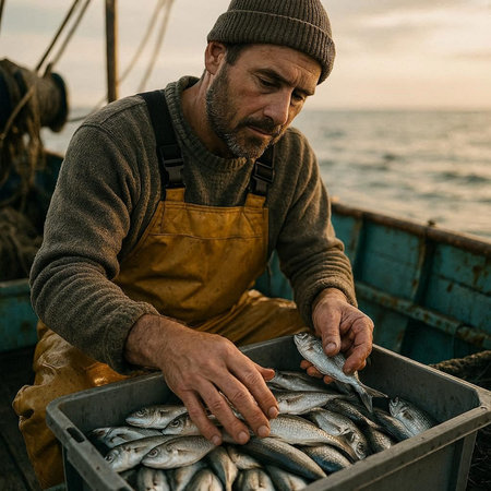 Fisherman on a fishing boat with freshly caught sardines