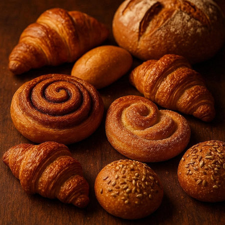 freshly baked croissants on a dark wooden background, closeup