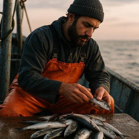 Fisherman holding fresh fish on a fishing boat in the sea