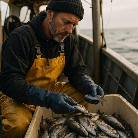 Fisherman with freshly caught fish on a fishing boat in the sea