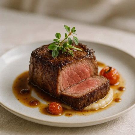 Beef tenderloin with sauce and cherry tomatoes. Selective focus.の写真素材