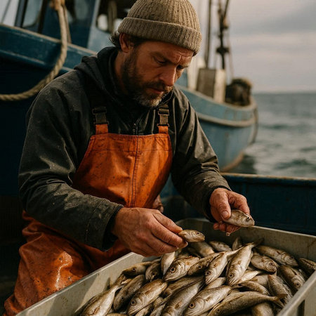 Fisherman in an orange apron and cap on the fishing trawler.