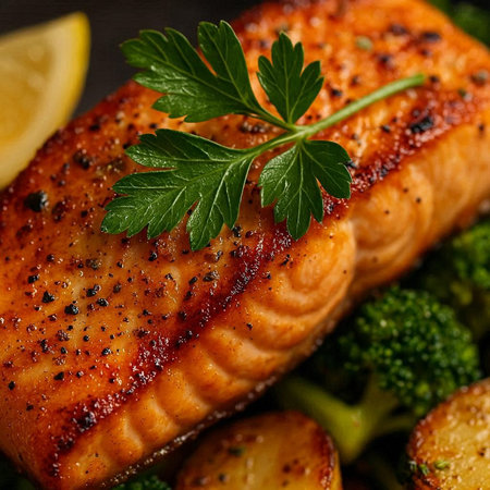 Grilled salmon fillet with broccoli and lemon on black background.