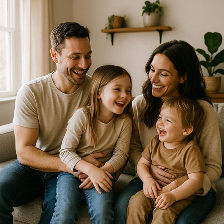 Happy family. Mother, father and two daughters are sitting on the couch at home.