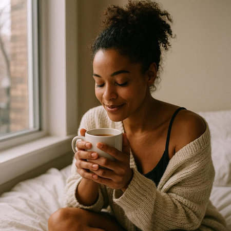 Young beautiful african american woman drinking coffee in bed at home.