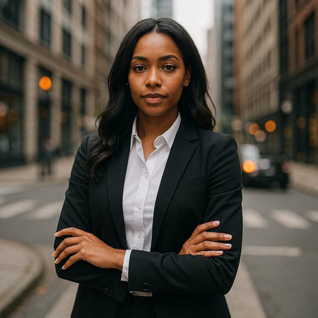 Portrait of an African American businesswoman in a suit standing with arms crossed in the city.