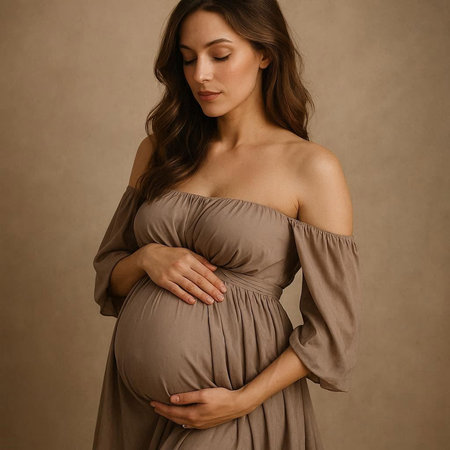 Pregnant woman in a beige dress on a brown background