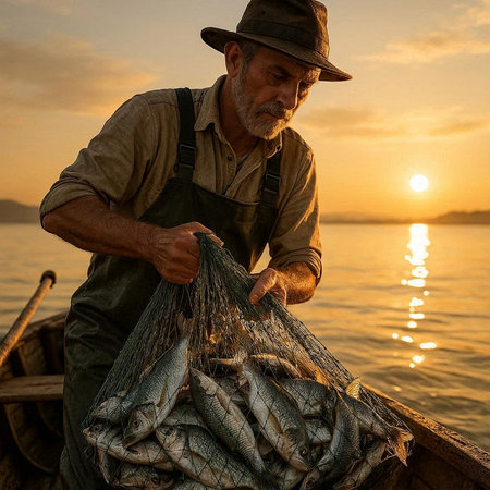 Fisherman with freshly caught fish on the boat at sunrise timeの写真素材