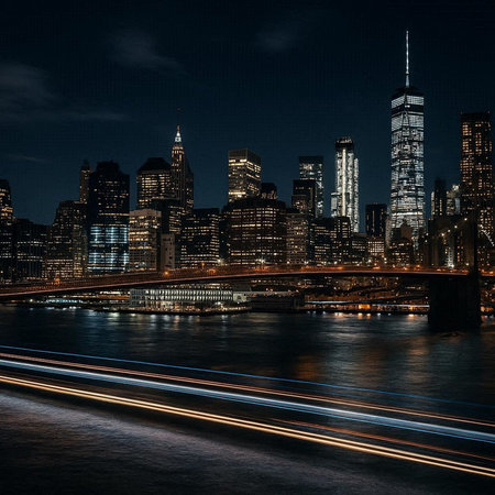 Manhattan skyline at night, New York City, United States.