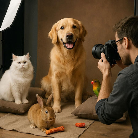 Photographer taking photo of golden retriever, cat, dog and parrot