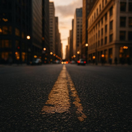 Traffic on a city street at sunset. Blurred background.
