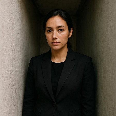Portrait of a young businesswoman in a black suit standing against a concrete wall.