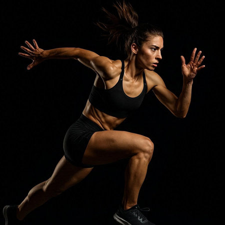 Side view of a female athlete doing lunges on a black background