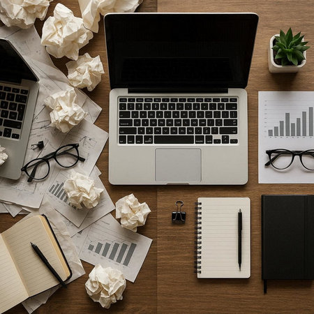 Top view of office desk with laptop, crumpled paper balls, notebook and glasses.