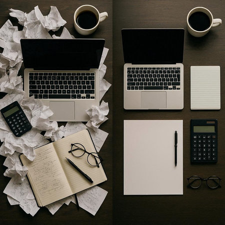 Top view of office workplace with laptop, notebook, coffee cup, calculator and other items....