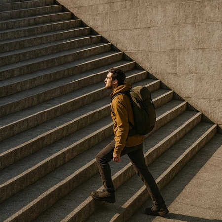 Side view of a young man with a backpack walking up the stairs