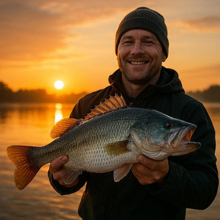 Fisherman holding a big fish on the river bank at sunset