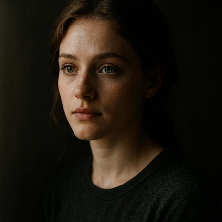 Portrait of a beautiful young woman looking at the camera. Dark background.