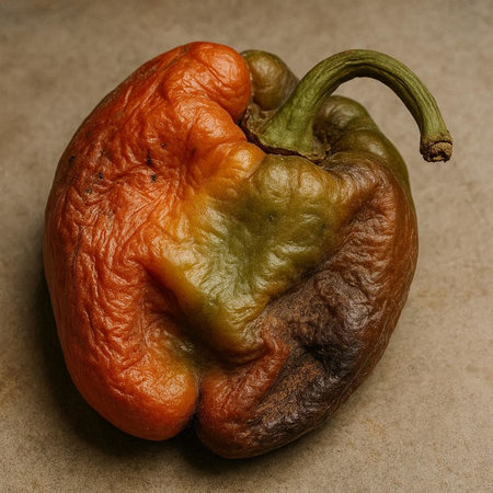 Rotten bell pepper on a gray background. Close-up.
