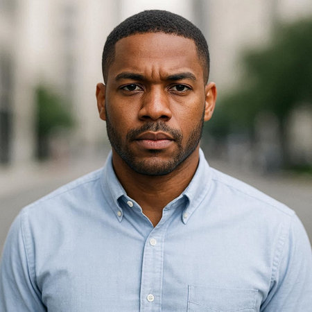 Portrait of a serious african american man in a blue shirt