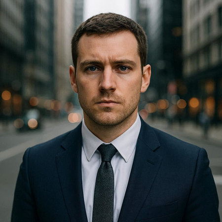 Portrait of a serious young businessman in a business suit on the background of the city.