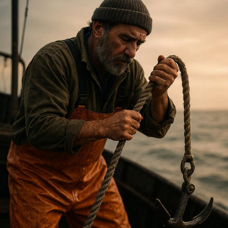 Portrait of an elderly man on a fishing boat at sunset.