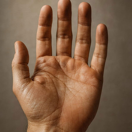 human hand on a gray background, close-up, symbol photoの写真素材