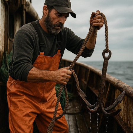 Fisherman in orange uniform and cap holding old fishing boat hook.