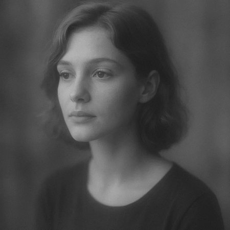 Black and white portrait of a young woman in a dark room.