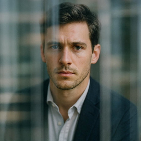 Portrait of a handsome man looking through the window. Business concept