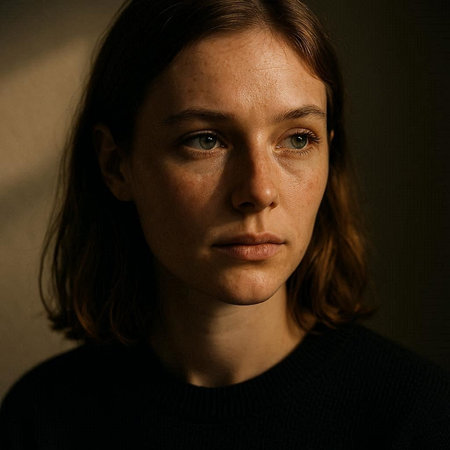 Portrait of a young woman with freckles on her face