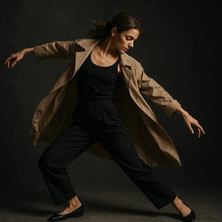 Full length portrait of young beautiful brunette woman in beige trench coat posing on dark backgroundの写真素材