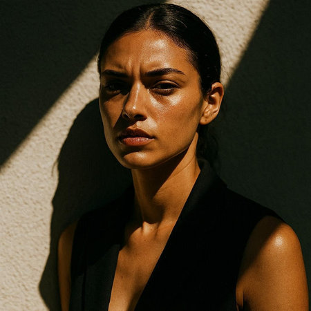Portrait of a beautiful brunette woman in a black dress.