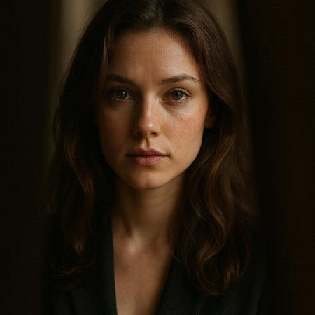 Portrait of a beautiful young woman with long brown hair looking at camera