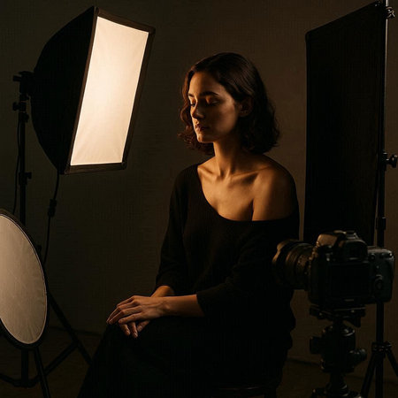 Beautiful young woman in a black dress posing in a photo studio.
