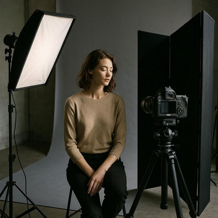 attractive female photographer sitting in front of professional lighting equipment and looking away